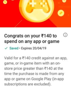 Google Play store free 140 credit proof
